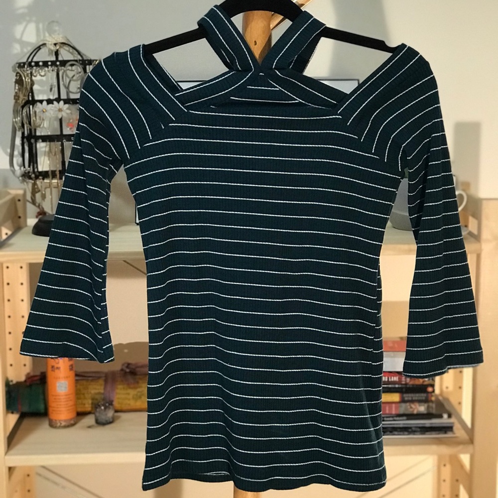 Dark Green Striped 3/4 Sleeve Sweater (S)